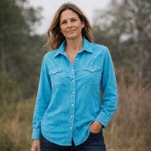 RYAN Michael Western Pearl Snap Shirt in blue Turquoise jacquard sz S